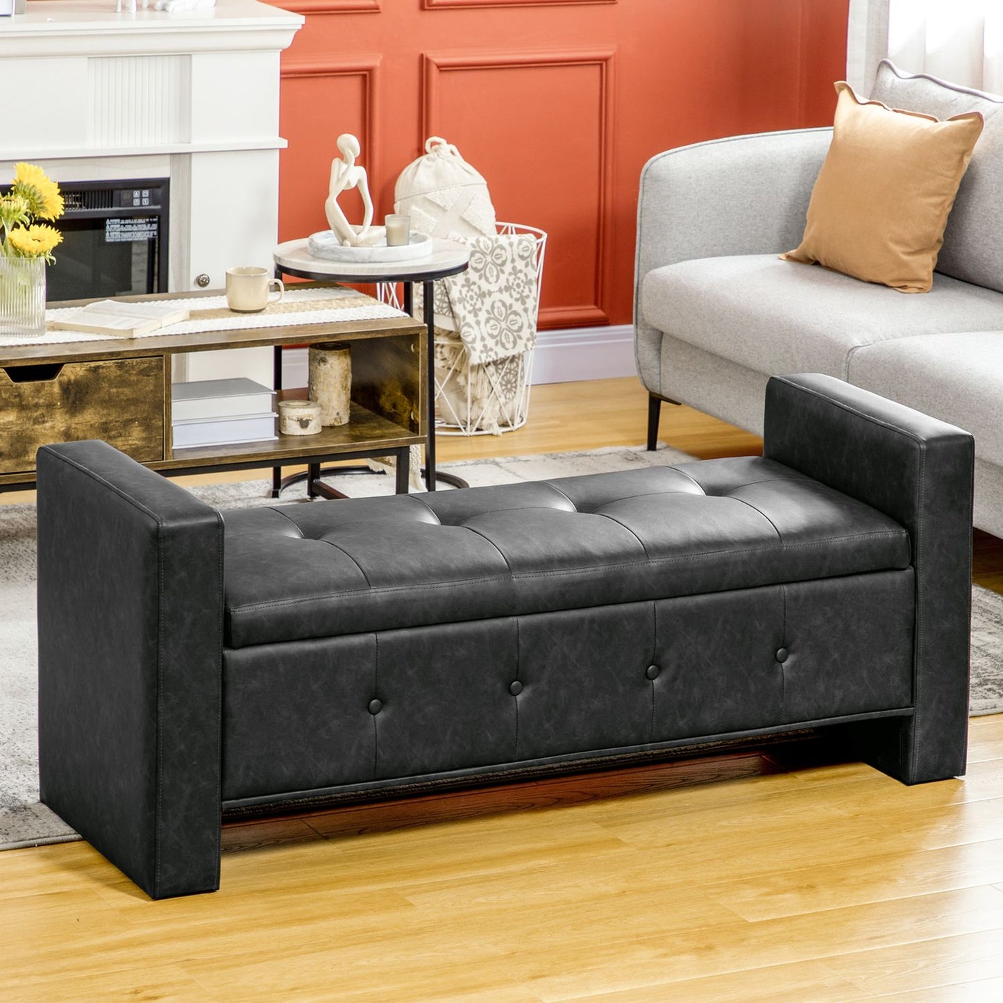 Upholstered storage bench with armrests - soft-closing hinges