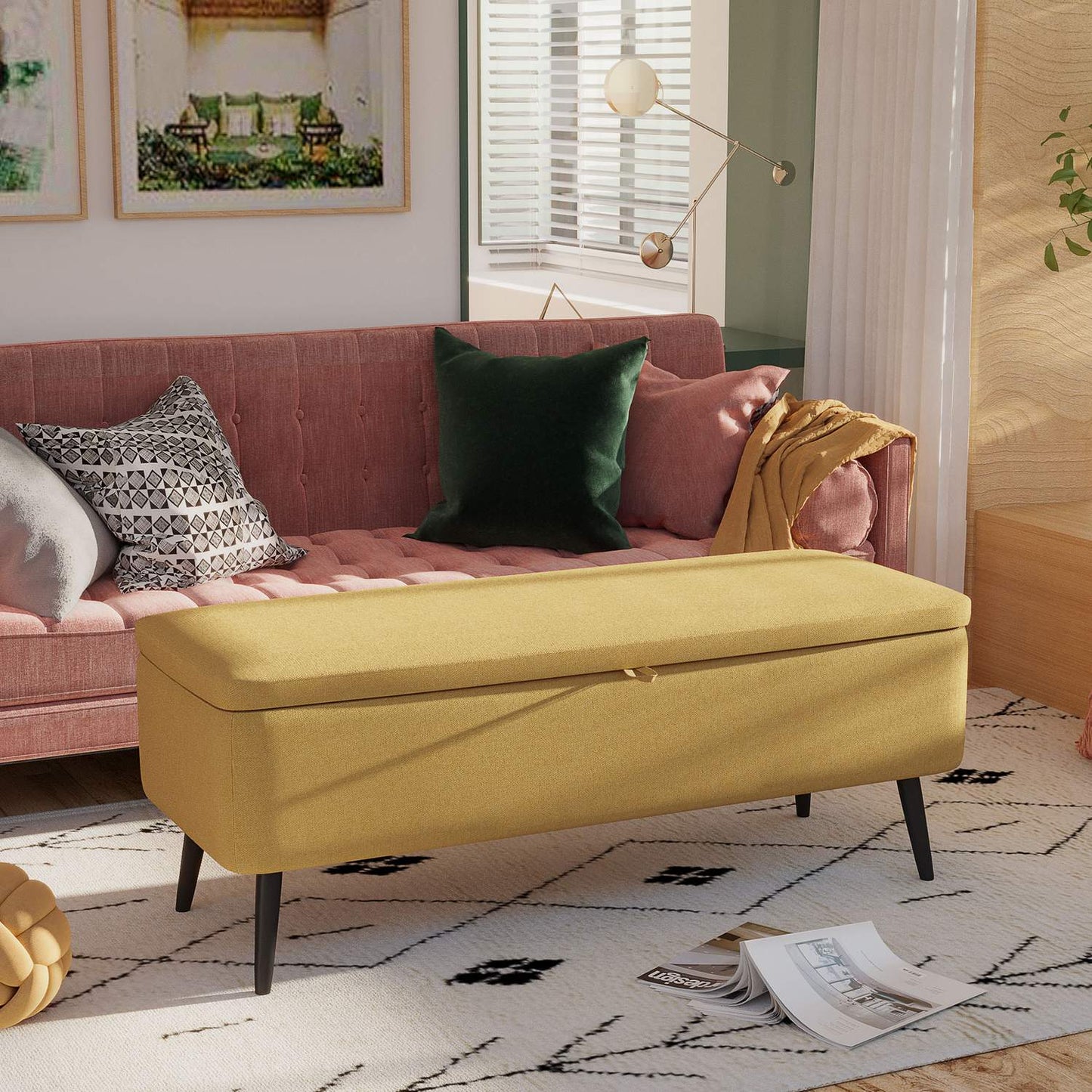 Bench, chest seat, upholstered bench, linen look, up to 150 kg, 101 x 38.5 x 44.5 cm, yellow