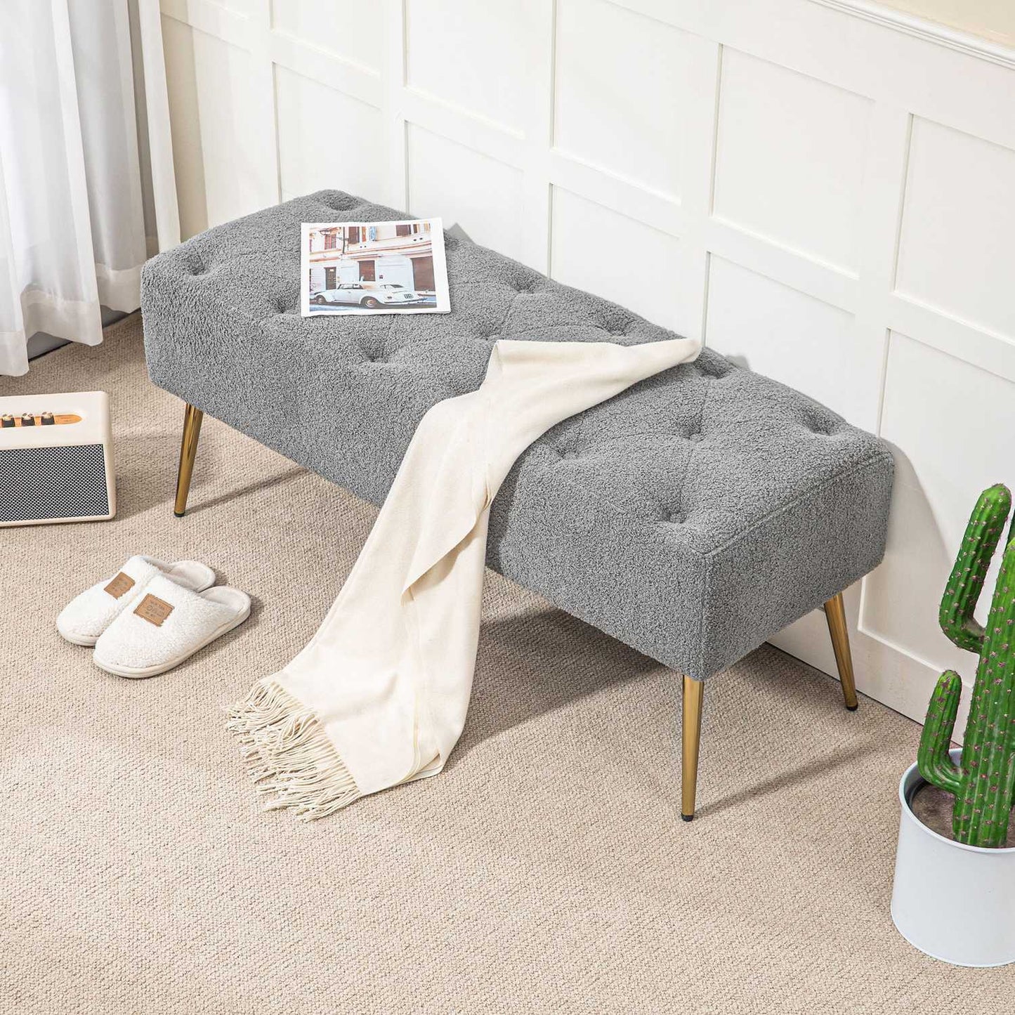 Upholstered Gray bench with tufted buttons, 112x41x46 cm