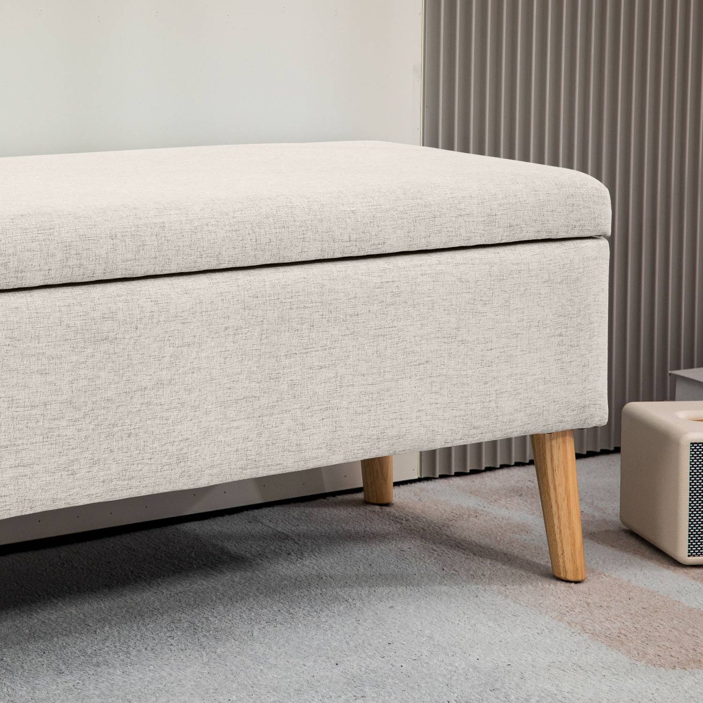 Beige upholstered storage bench - linen look, 110x39x45 cm