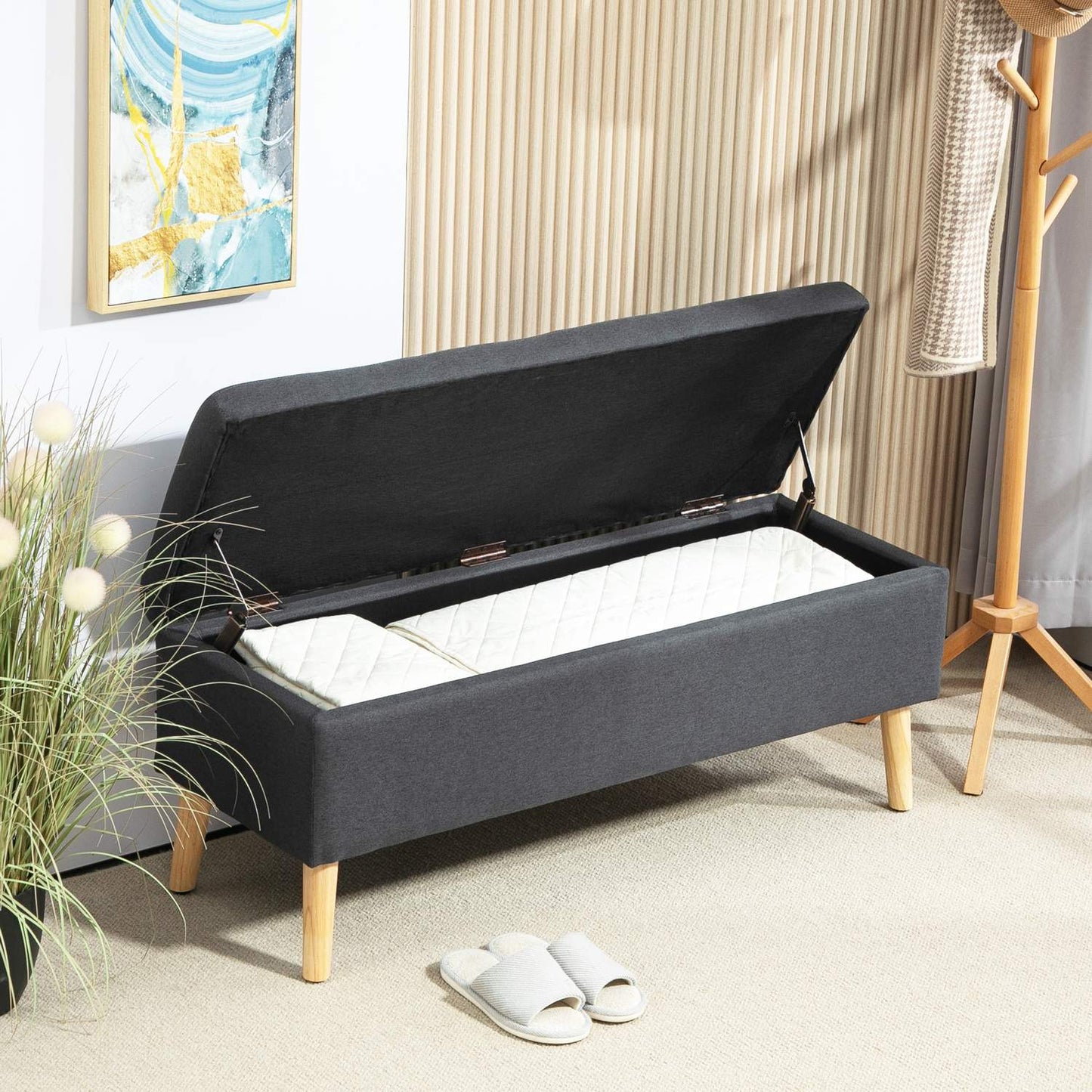Upholstered storage bench, rubber wood, dark gray 110cm