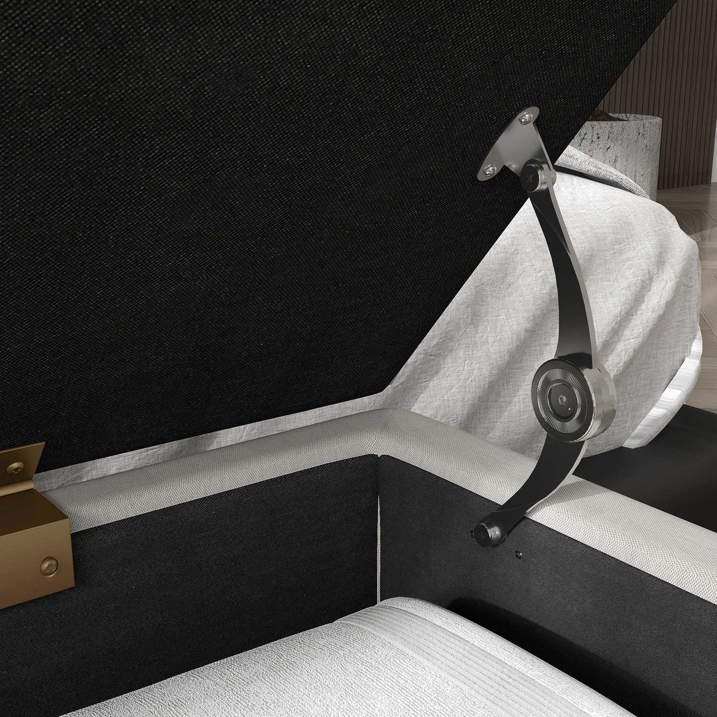 Cream covered storage bench - Linen, steel legs, 100x40x49 cm