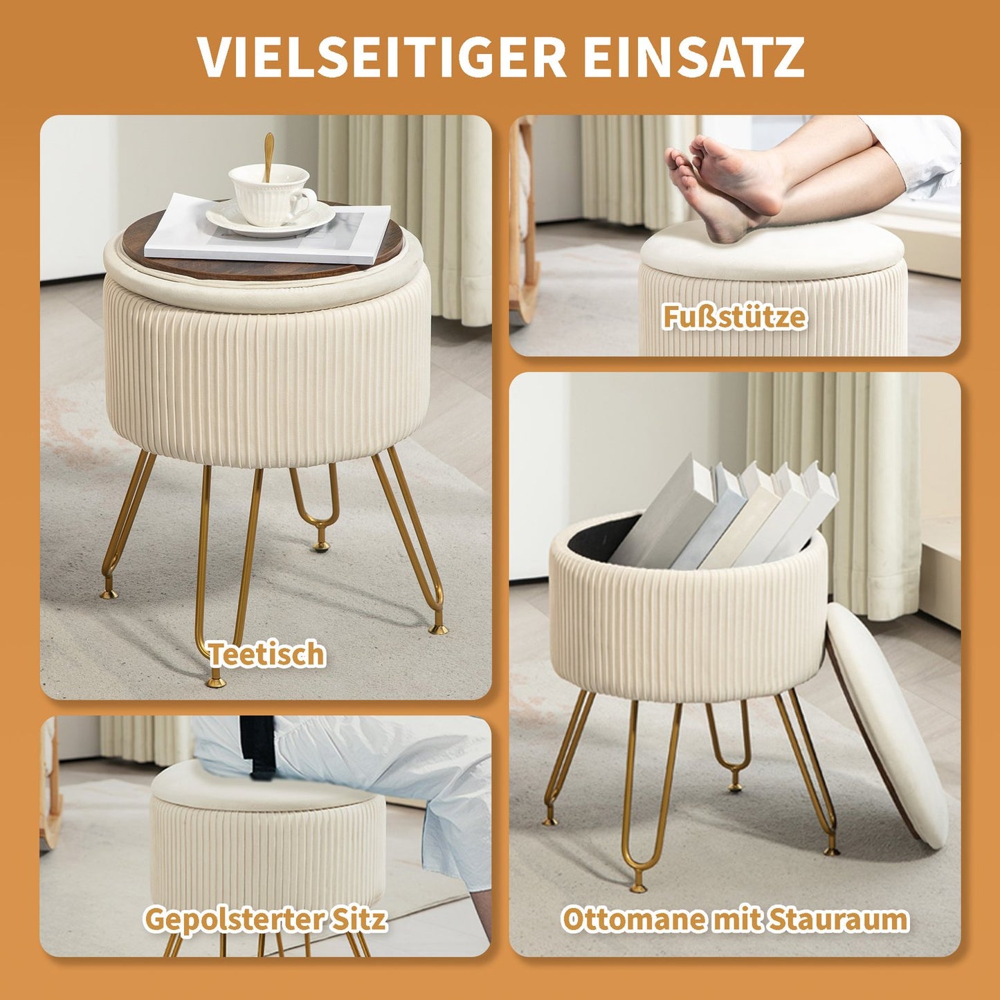 Storage bench, velvet covered, cream colored, steel frame