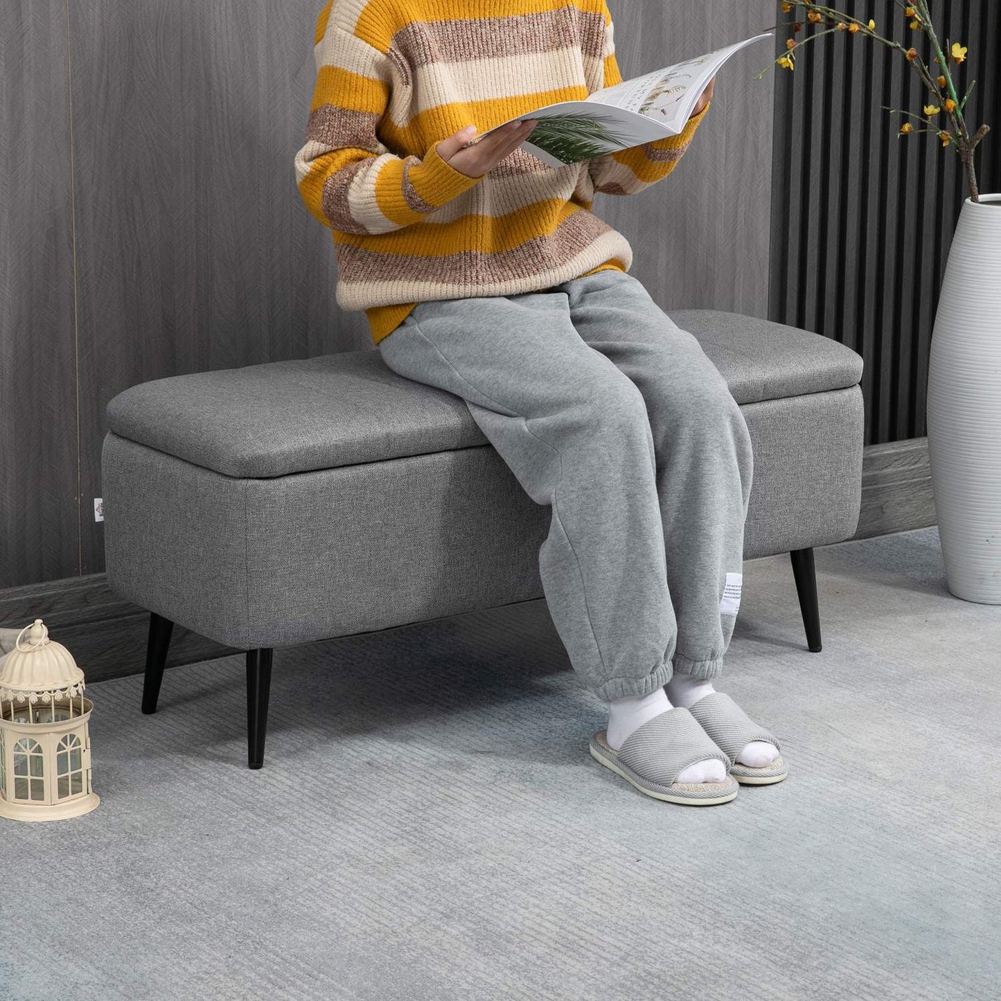 Storage Bench with Linen Look, Steel Legs, 102 x 40 x 44 cm