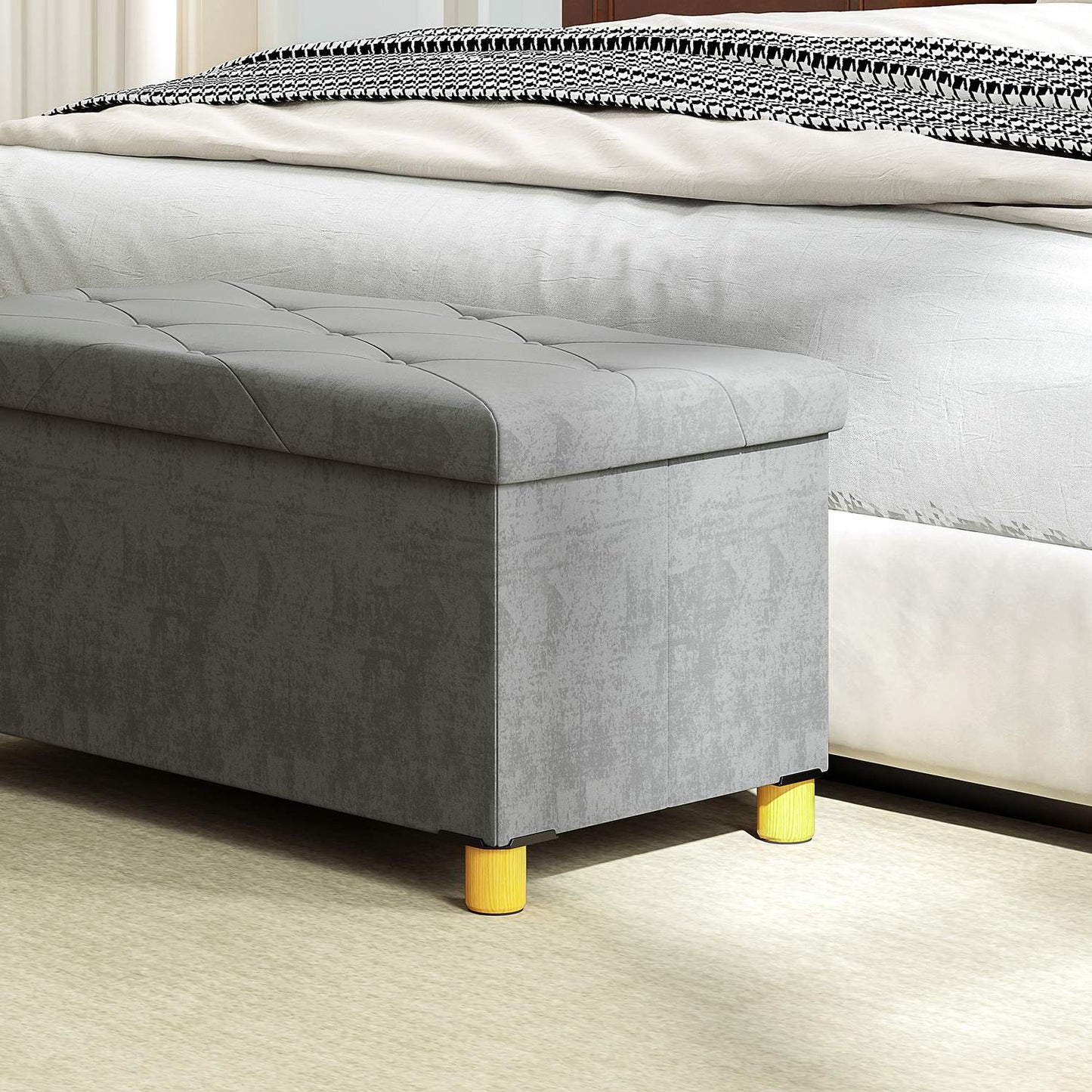 Gray velvet folding storage bench - hall & bedroom