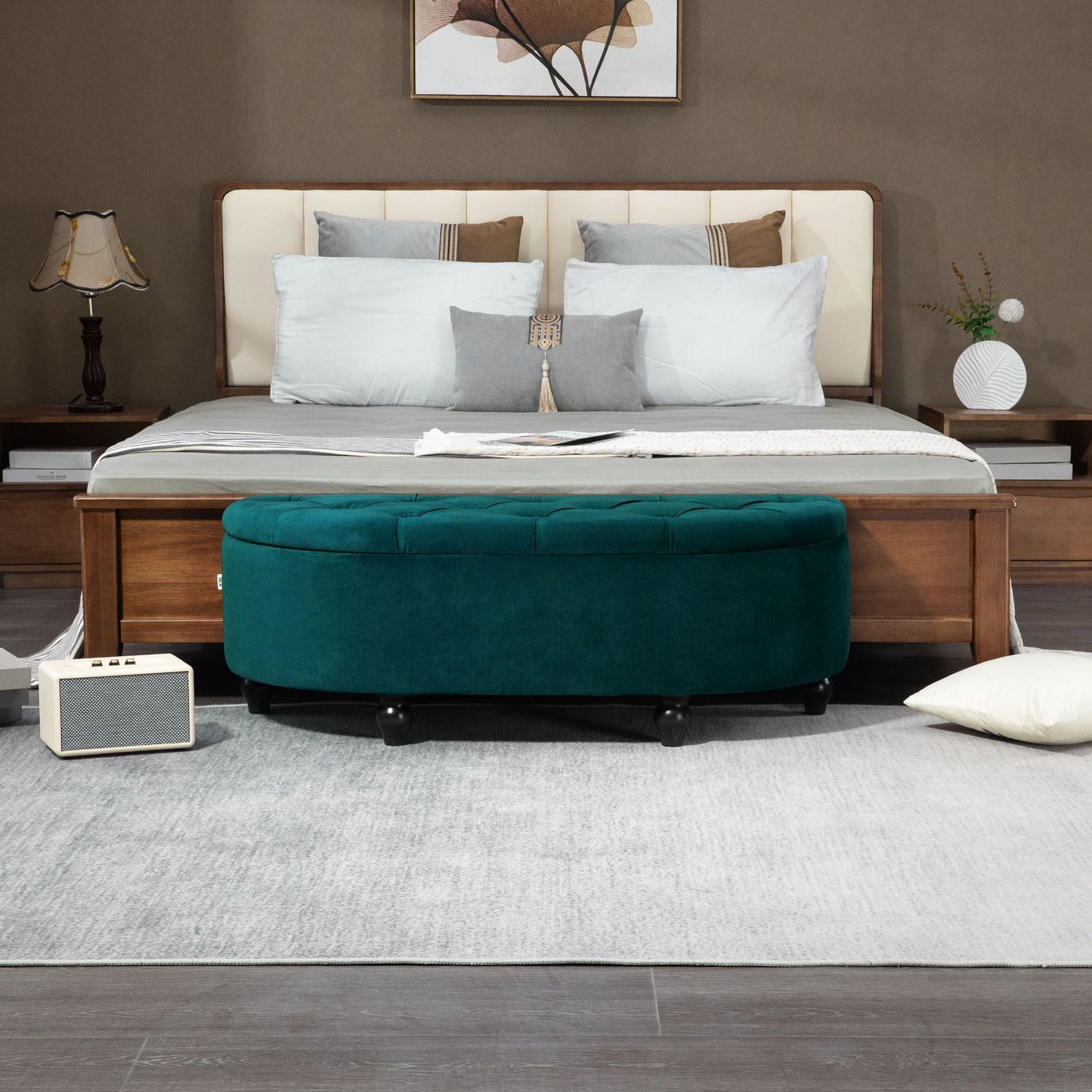 Storage bench with velvet cushion, dark green, 120x46x42 cm