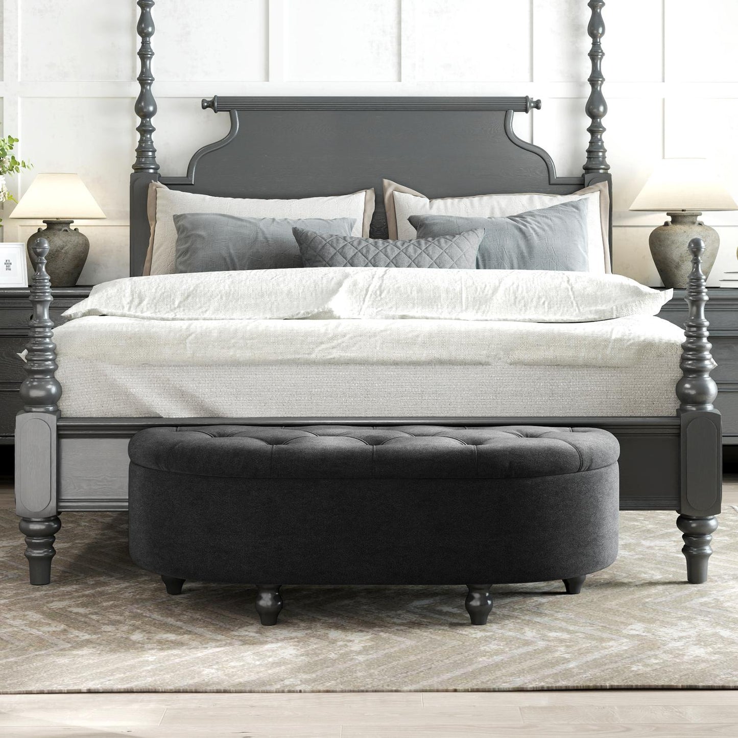 Upholstered storage bench with velvet seat, rubber wood