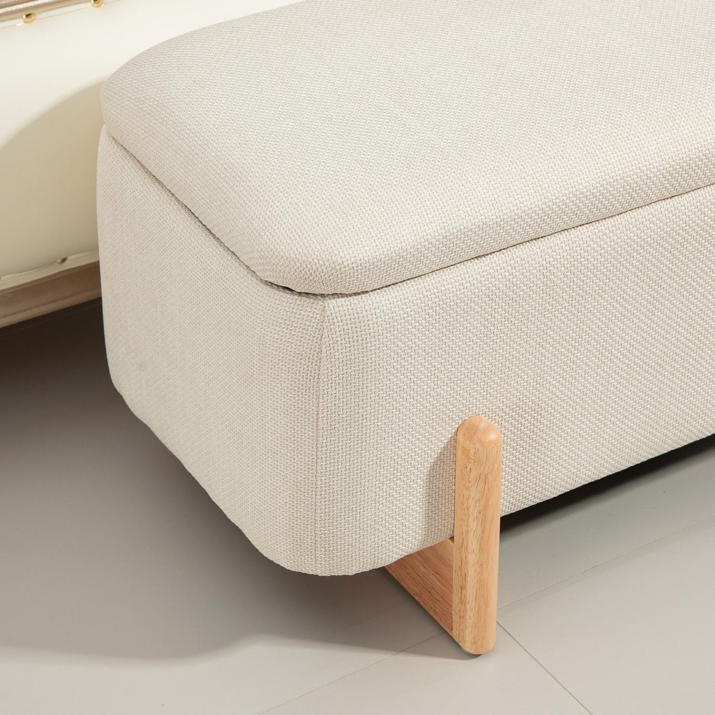 Upholstered bench with storage, linen look, wooden legs
