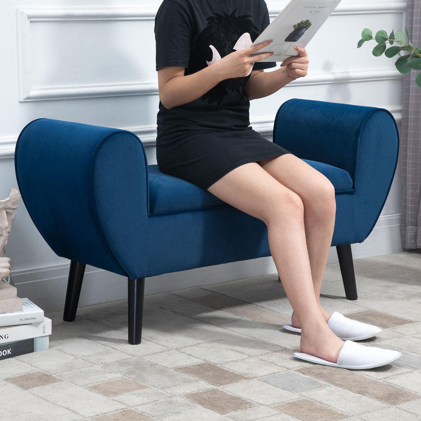 Velvet-covered bench, Dark blue, 118 x 42 x 66 cm