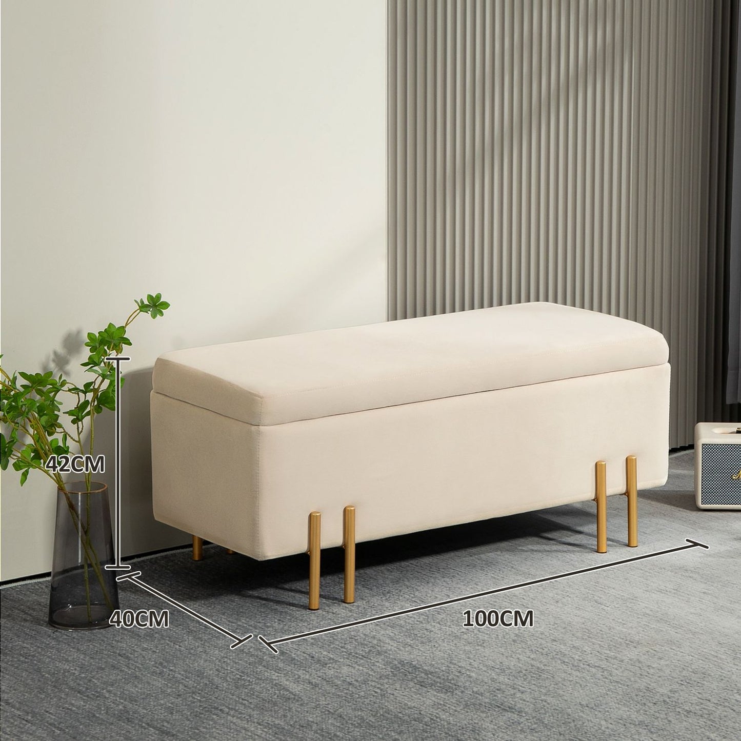 Beige velvet covered storage bench with wooden legs
