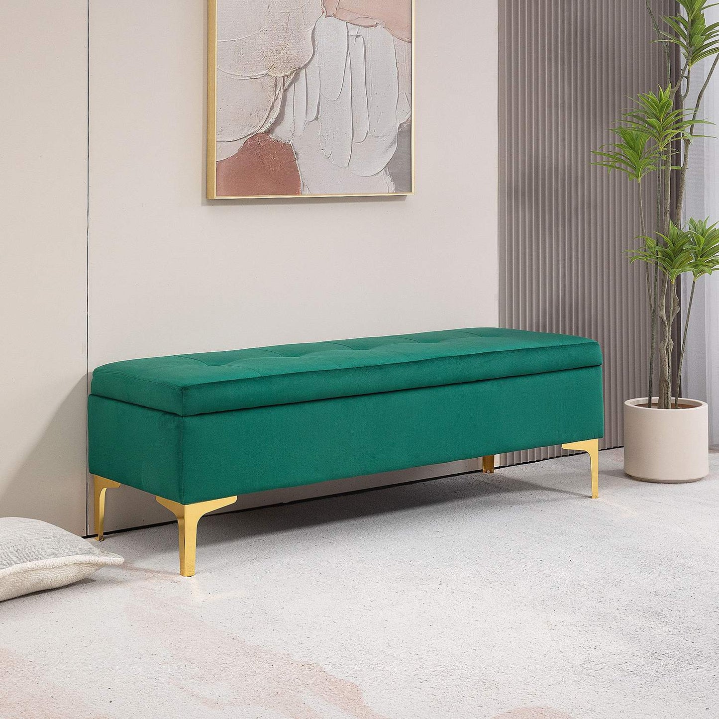 Velvet-covered bench, metal legs, 120x44x44.5 cm, green