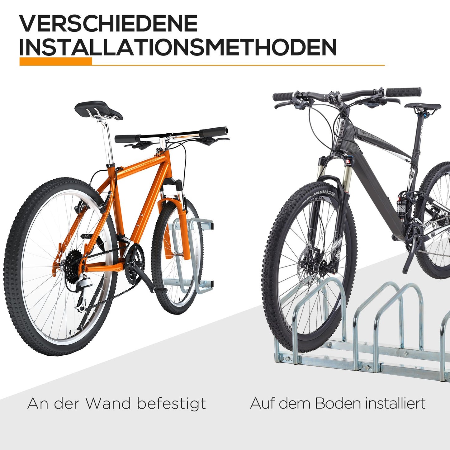 Weather-resistant bicycle rack in steel, floor and wall mount, holds 5