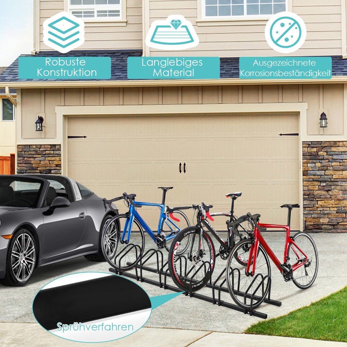 Bicycle stand with 6 bicycle parking spaces, floor stand, black