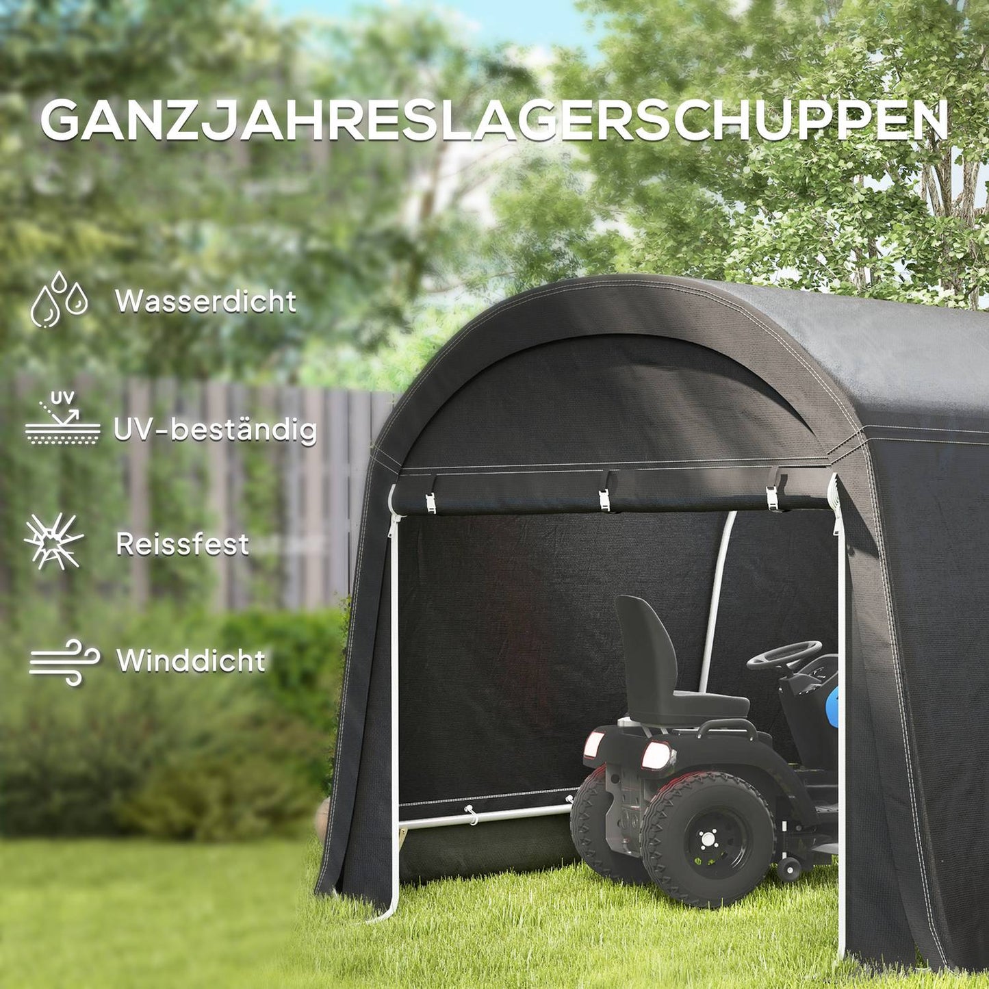 Waterproof outdoor bike storage tent with door, dark grey
