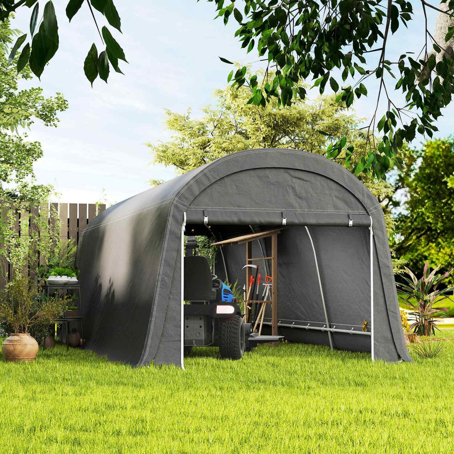 Waterproof outdoor bike storage tent with door, dark grey