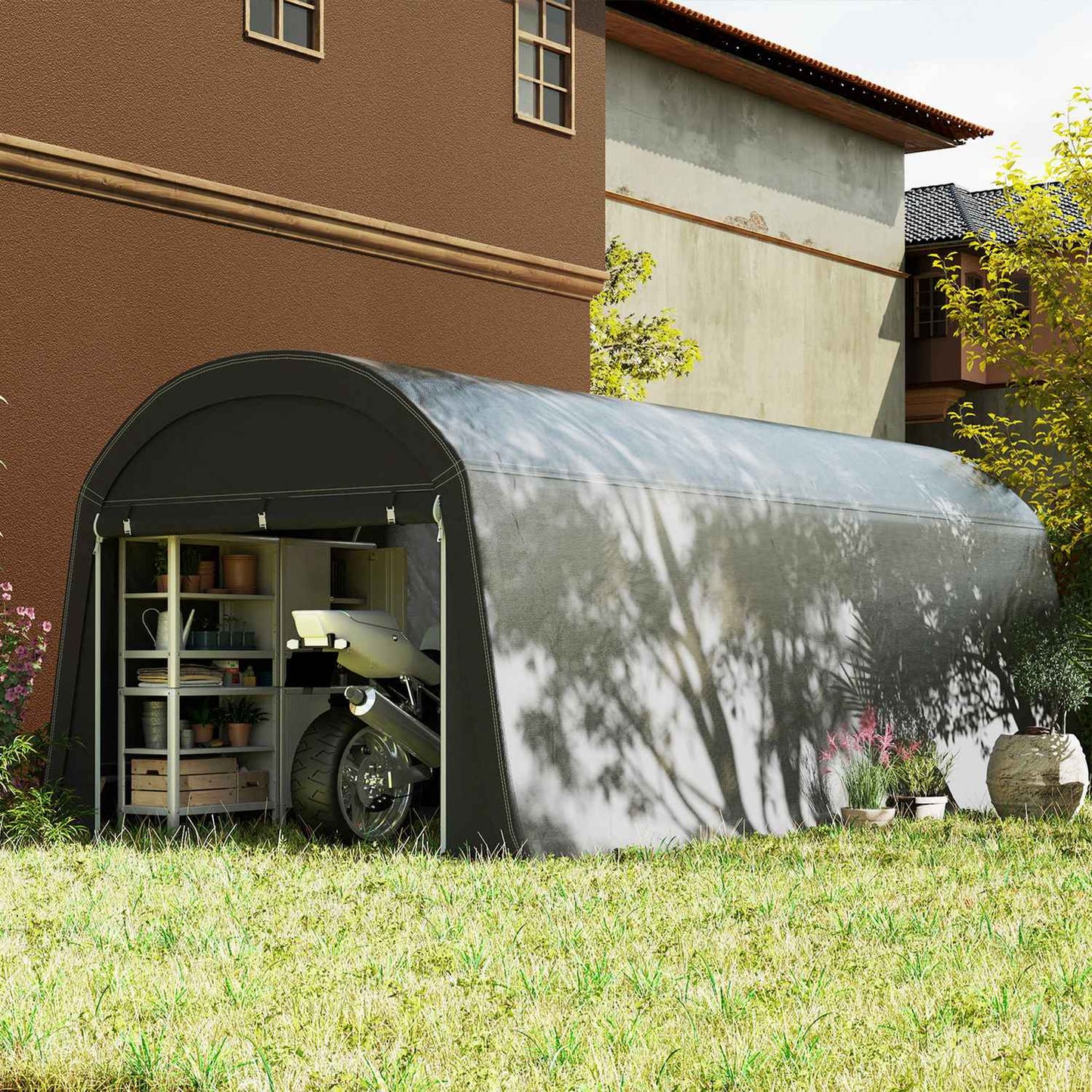 Waterproof outdoor bike storage tent with door, dark grey