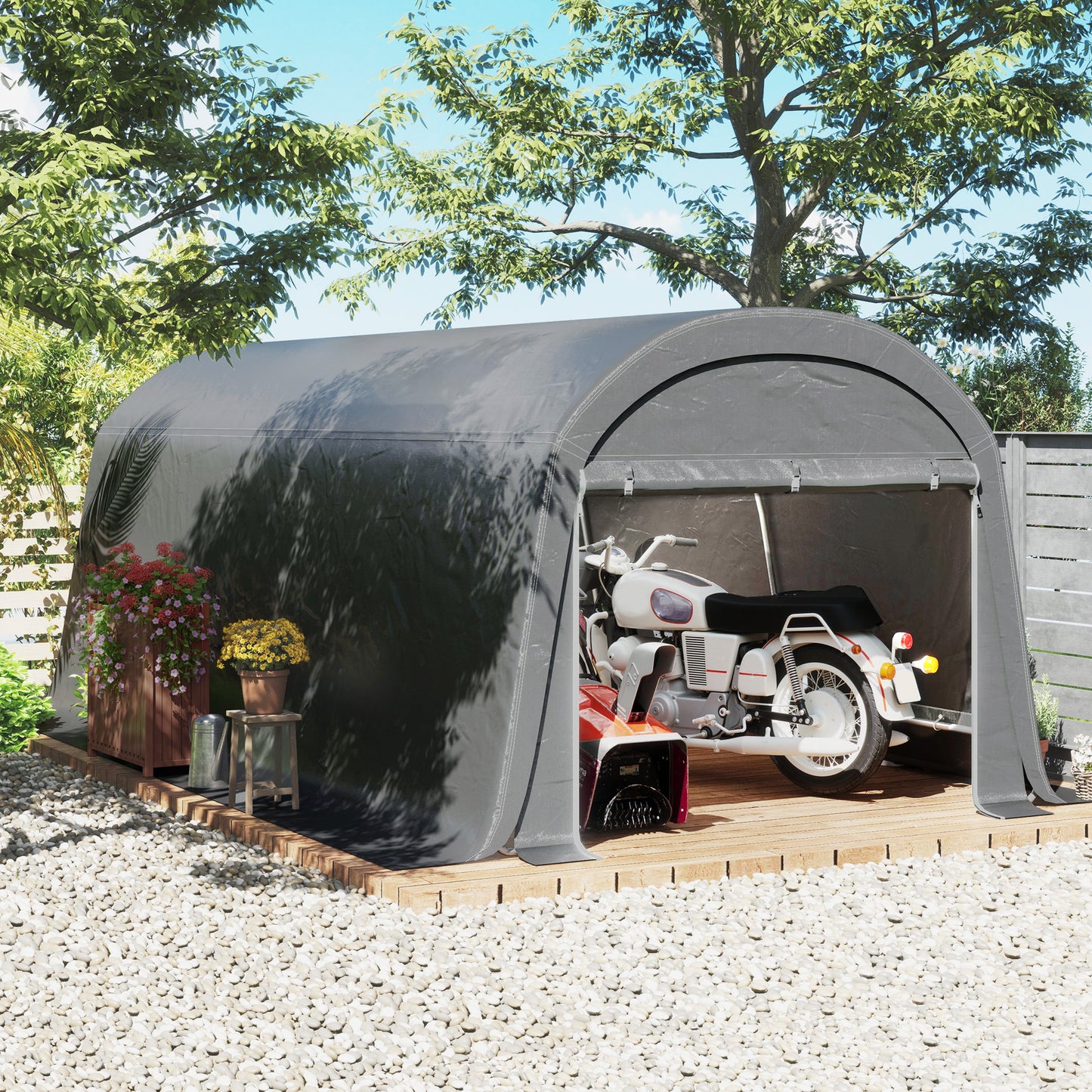 Waterproof outdoor bike storage tent with door, dark grey