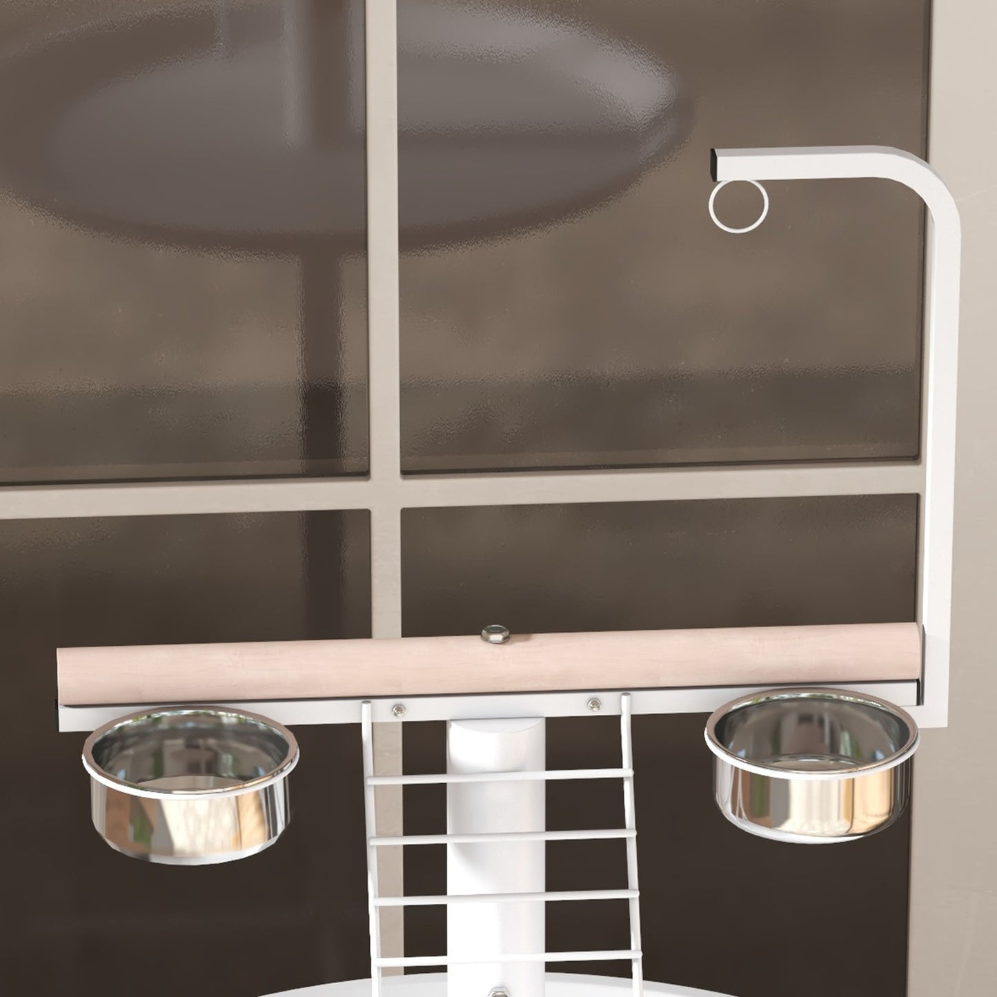 Bird feeding station with wheels and perches, steel, white
