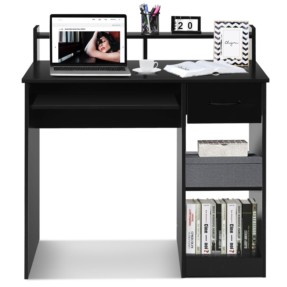 Black Computer Desk with Keyboard Tray and Storage Shelves