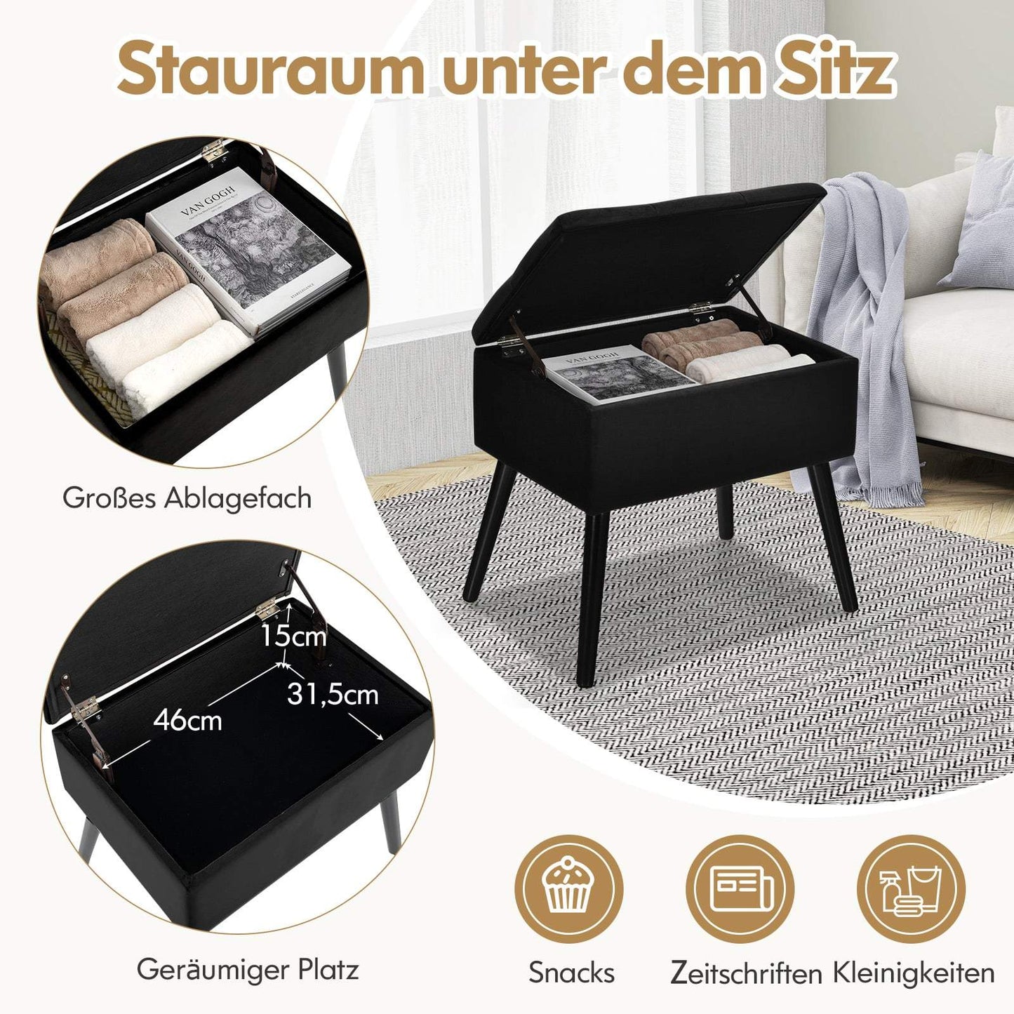 Black Velvet Storage Ottoman – Padded Seat, 150kg Capacity