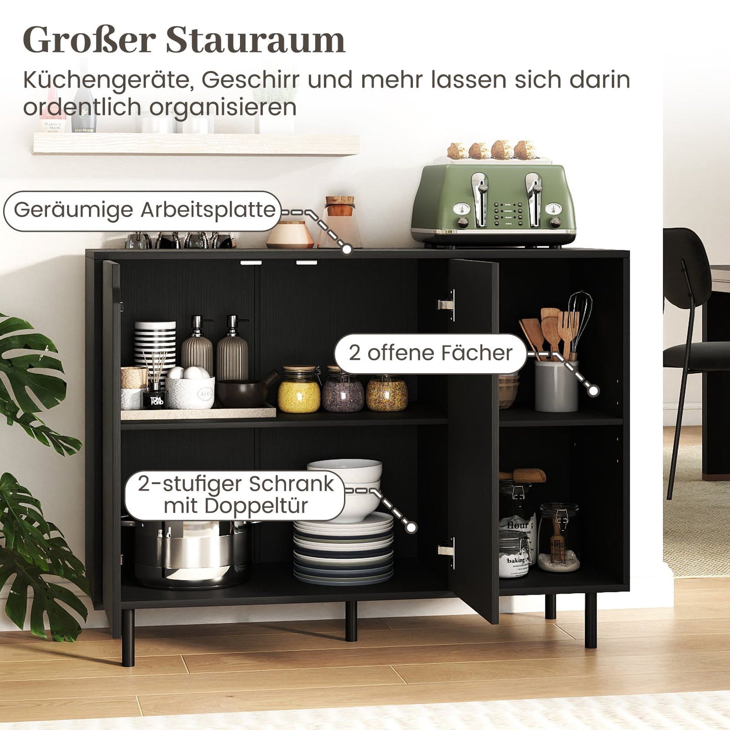 Black Wooden Sideboard with Adjustable Shelves & Doors