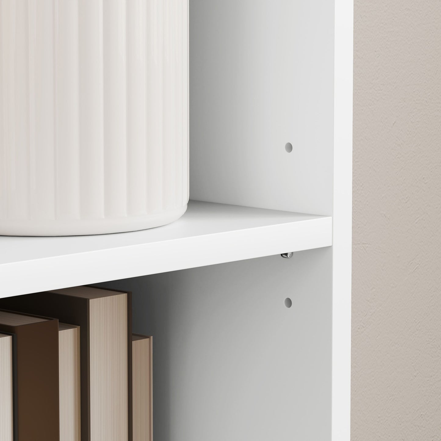 White Wood Bookcase, 5 Compartments, Adjustable Shelves