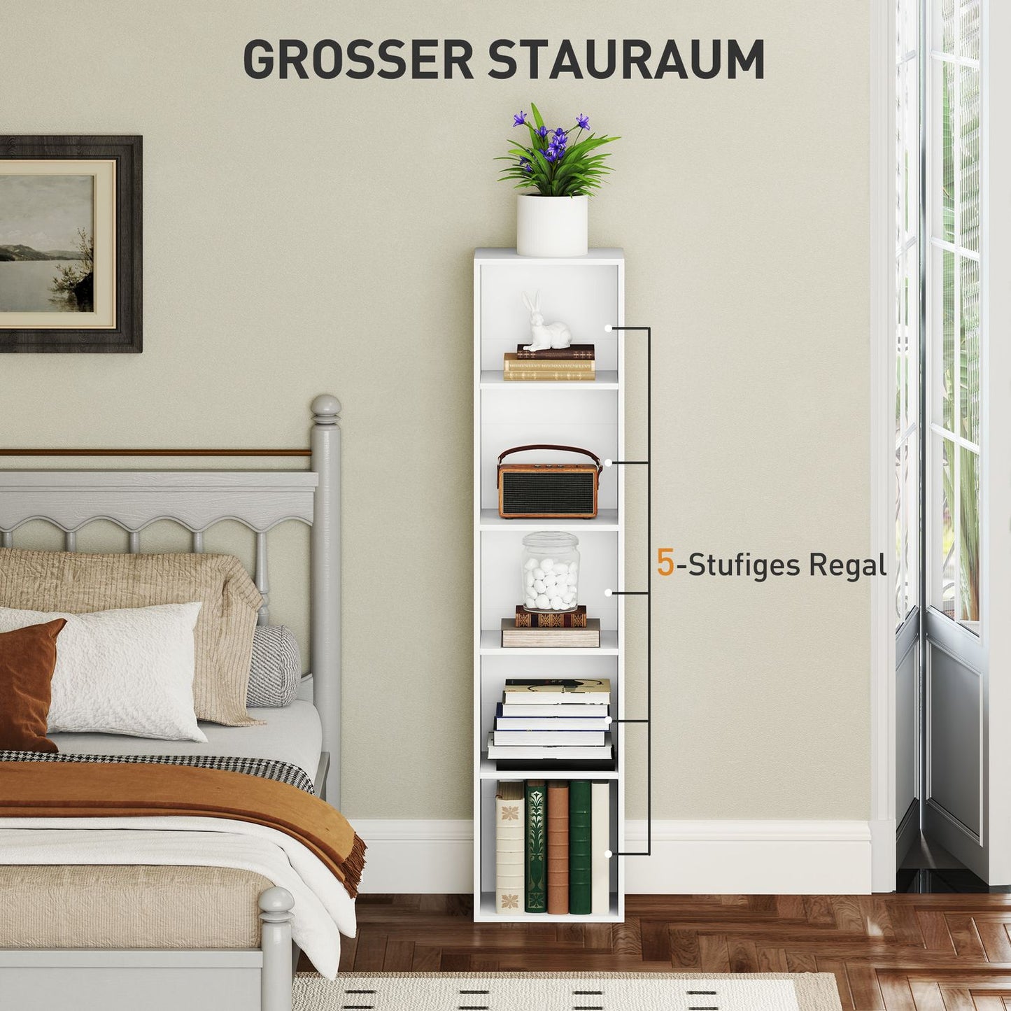 White Wood Bookcase, 5 Compartments, Adjustable Shelves