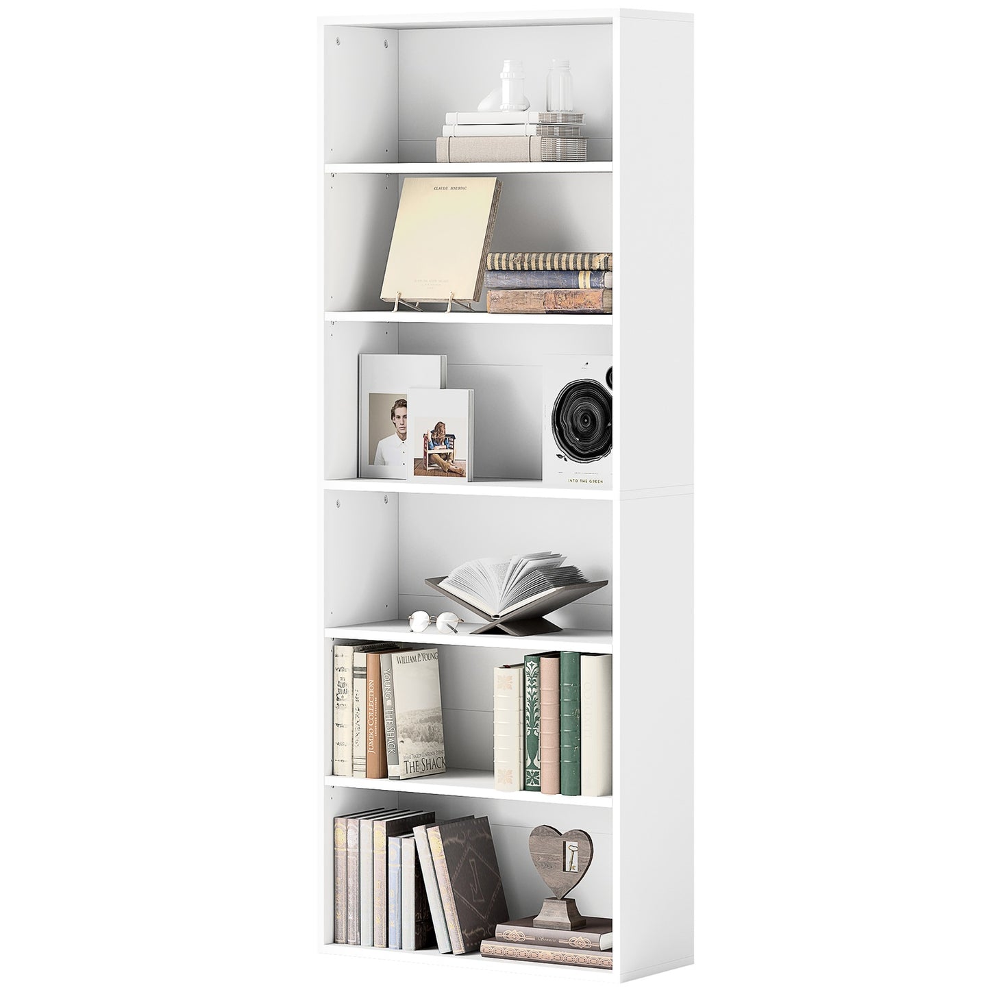 Bookcase, 6 compartments, adjustable shelves, chipboard, 60 x 24 x 158.5 cm, white