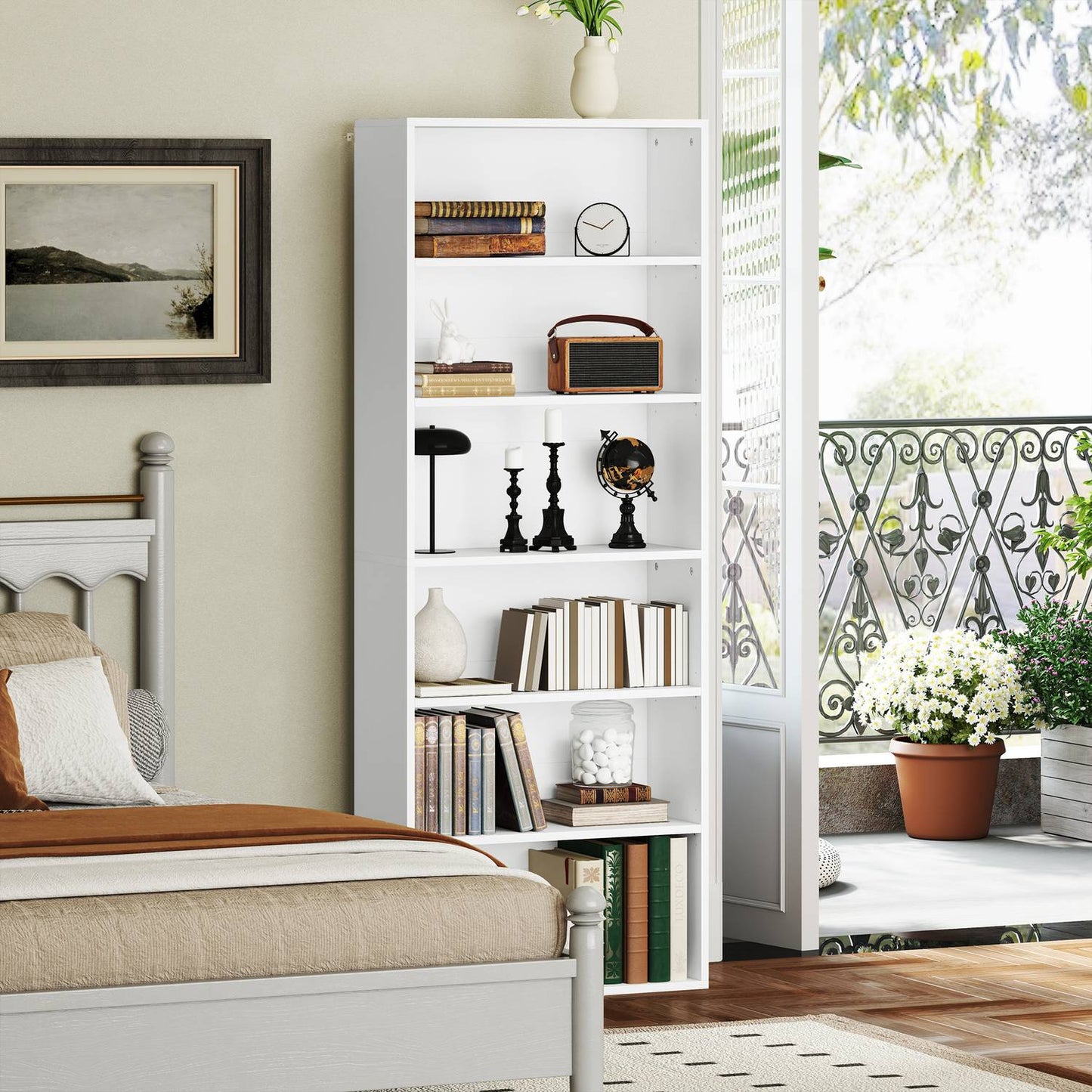 Bookcase, 6 compartments, adjustable shelves, chipboard, 60 x 24 x 158.5 cm, white
