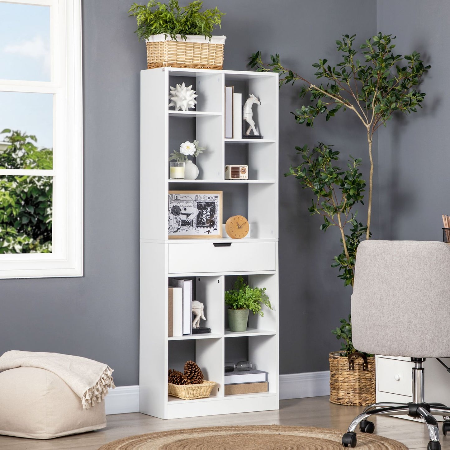 Bookcase with 9 shelves & drawer - anti-tilt, white