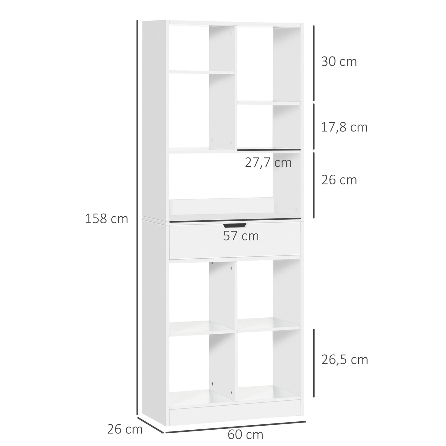 Bookcase with 9 shelves & drawer - anti-tilt, white