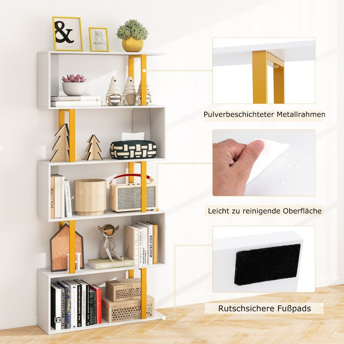 Bookcase white standing shelf with 5 levels S-shaped office shelf freestanding 70 x 24 x 157 cm