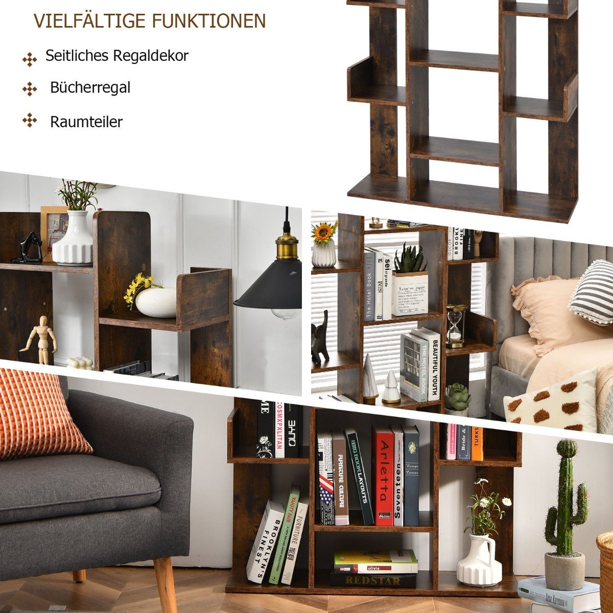 Bookcase with 13 shelves, corner office shelf, free-standing file shelf, 86 x 23.5 x 140.5 cm, rustic brown