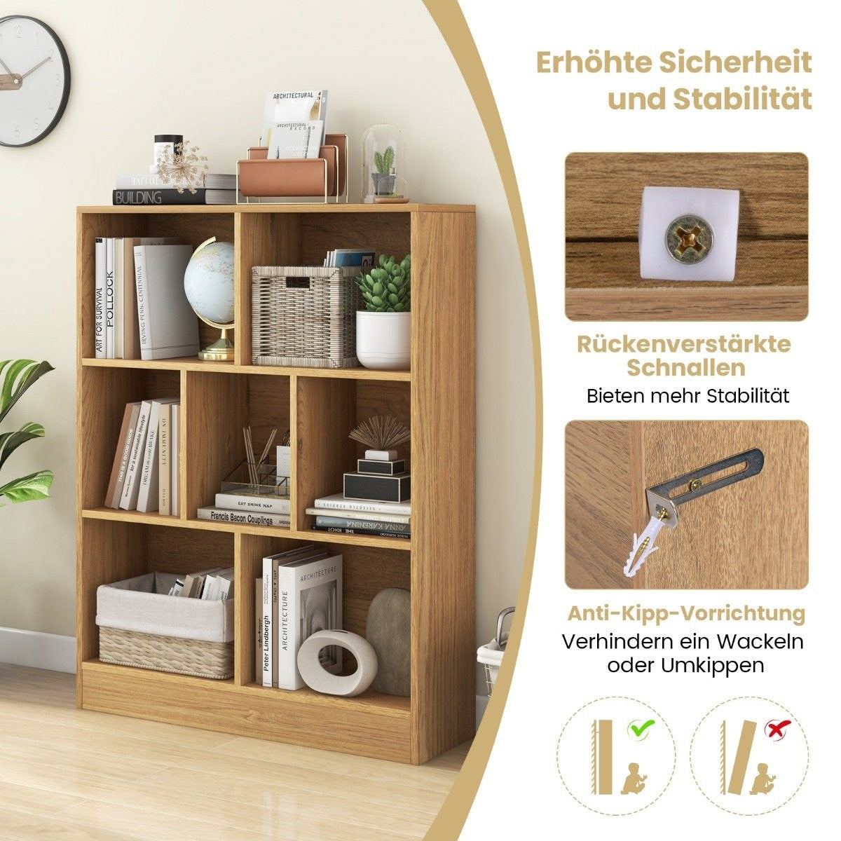 Bookcase with 7 compartments, standing shelf with 3 levels, cube shelf, office shelf, 80 x 24 x 104 cm, natural