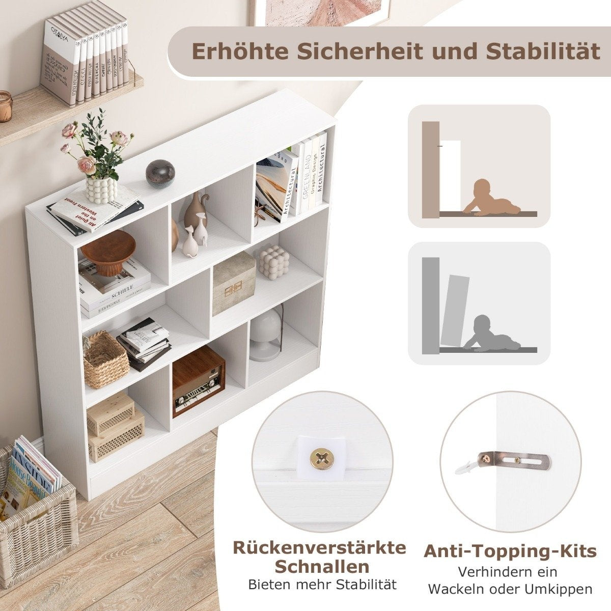 Bookcase with 8 compartments, standing shelf with 3 levels, cube shelf, office shelf, storage shelf, 100 x 24 x 104 cm, white