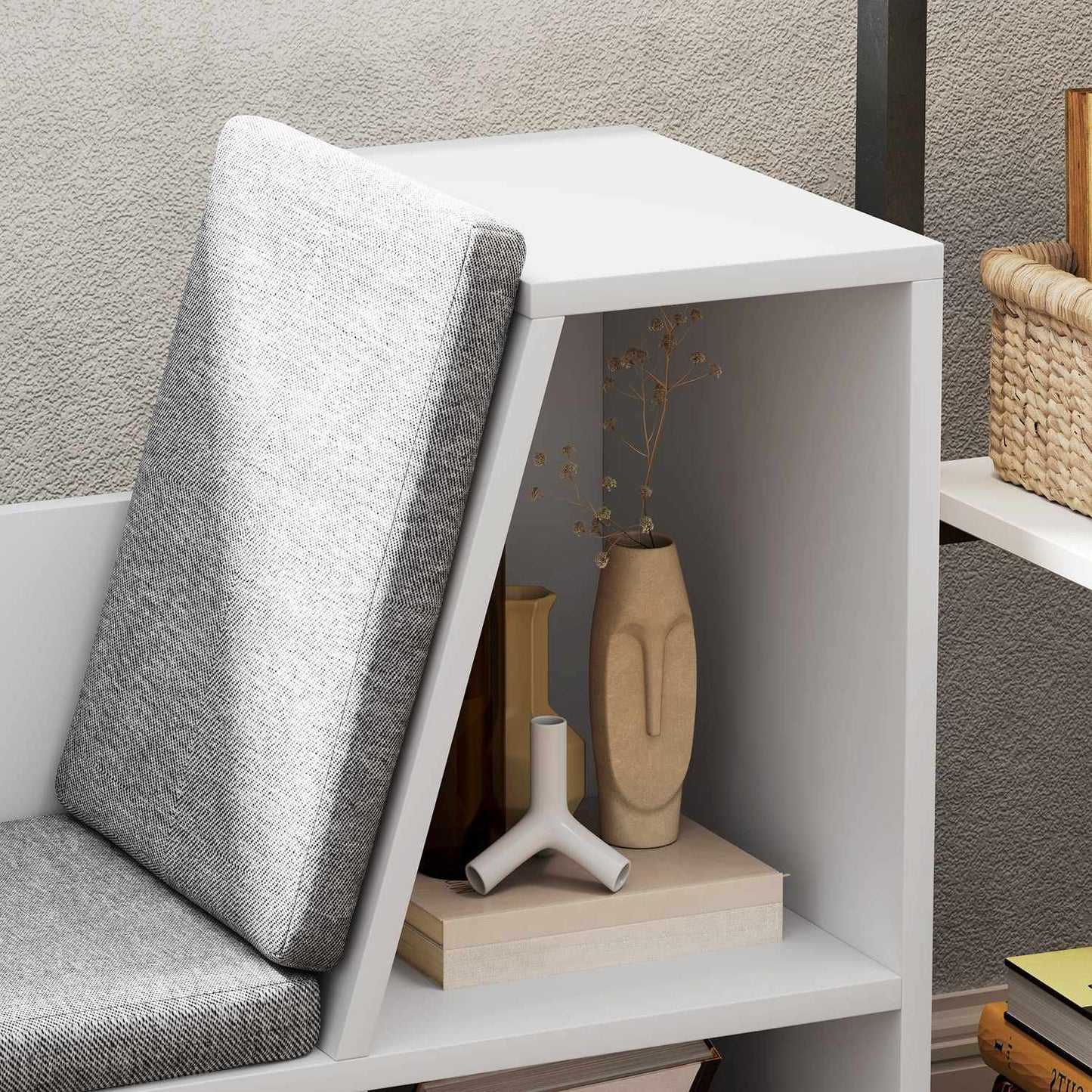 White bookcase with seat cushion - 6-compartment storage shelf