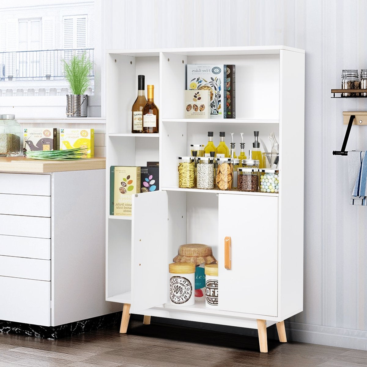 Bookcase with doors and open compartments, bookcase, sideboard, chest of drawers, standing shelf, 80 x 24 x 119 cm, white