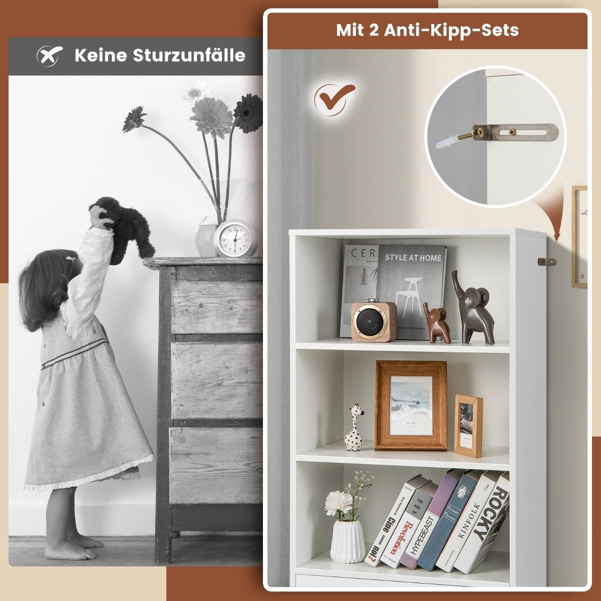 Bookcase with drawers 4 levels storage shelf made of wood standing shelf 120cm white