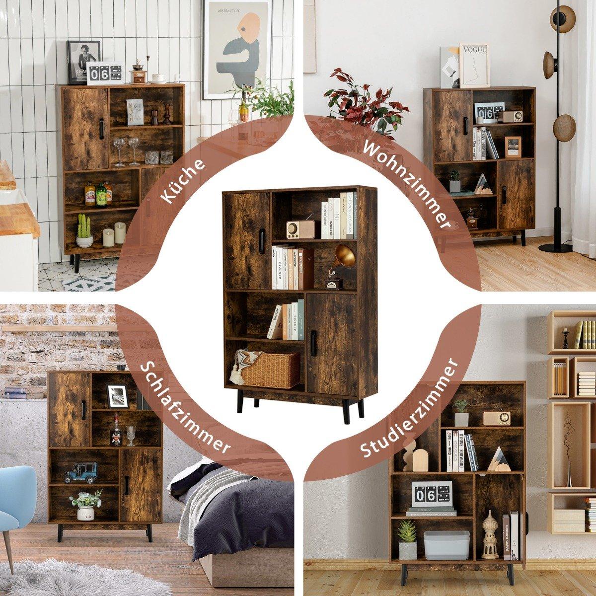 Bookcase wooden storage cabinet with doors and open shelves 80 x 24 x 120 cm coffee