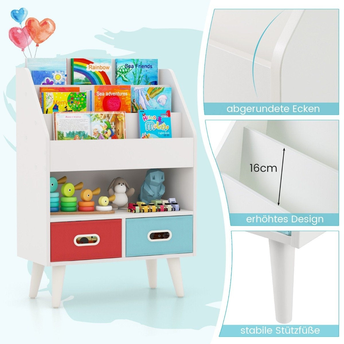 Bookshelf Children's Children's Shelf with 3 Shelves & open compartment & 2 fabric drawers white
