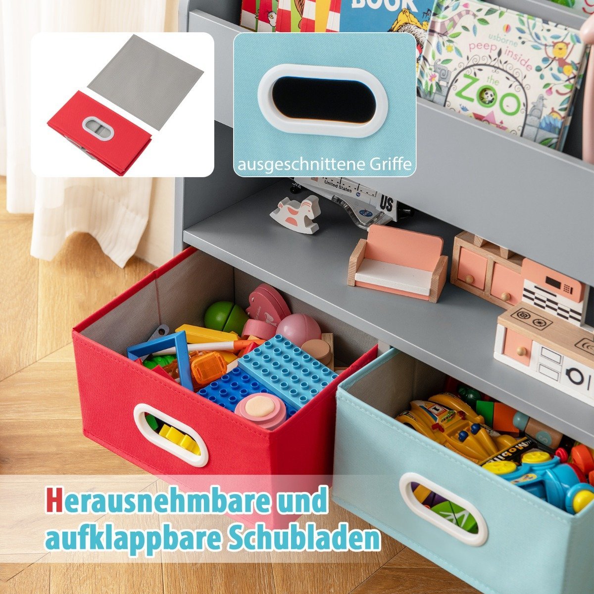 Bookshelf Children's Children's Shelf with 3 Shelves & open compartment & 2 gray fabric drawers