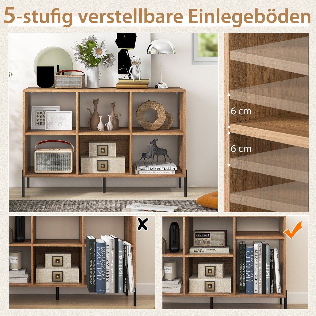 Bookshelf with 6 Compartments & Raised Metal Legs & Adjustable Shelves Storage Shelf Natural