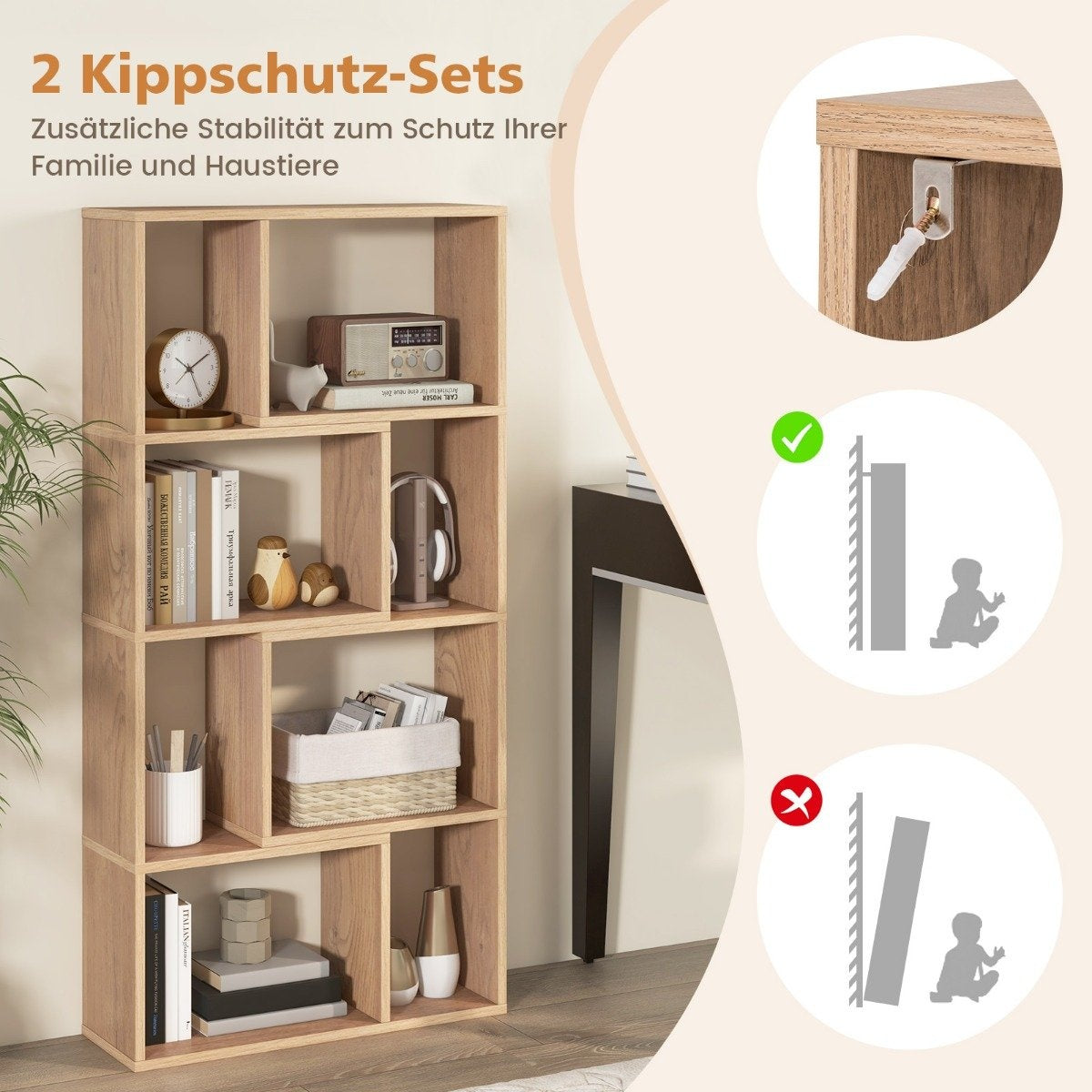 Bookshelf with 8 Cubes, 4-Tier, 60x20x120 cm, Natural Wood