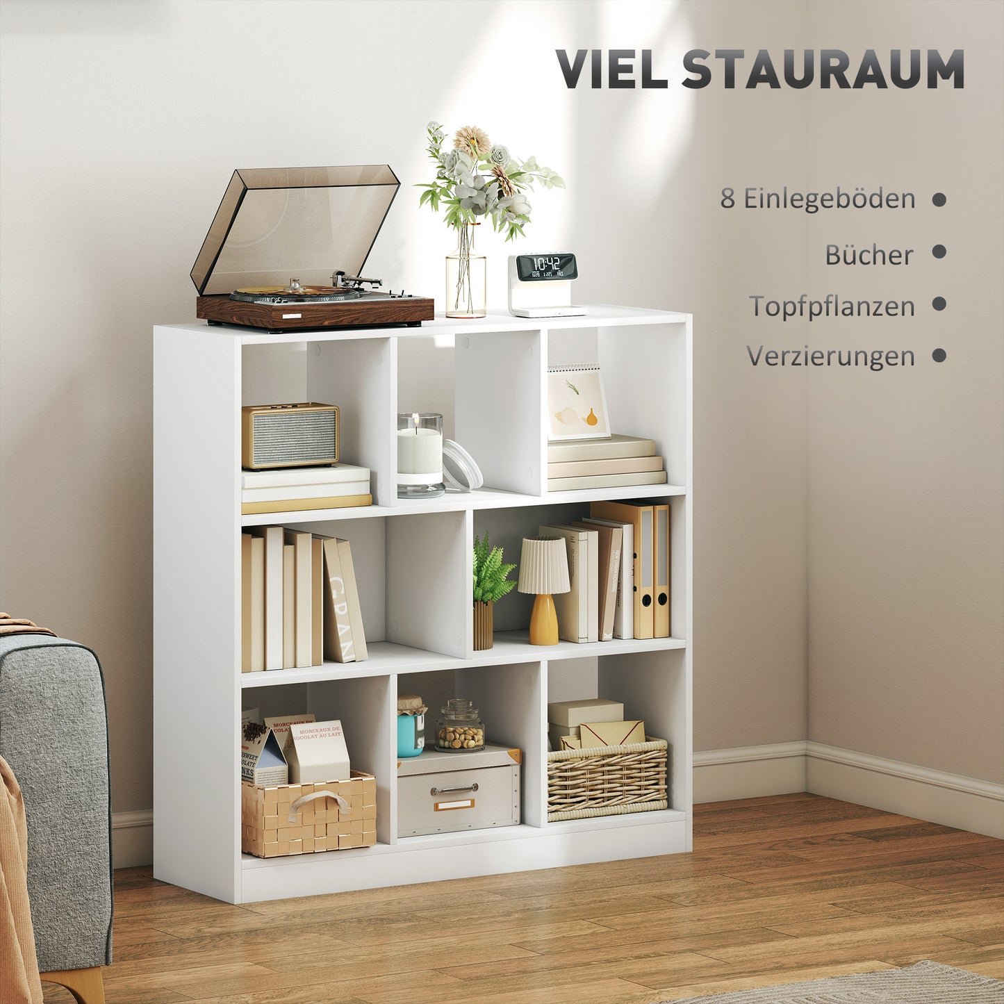 Bookshelf with 8 Shelves, 97.5 x 30 x 100 cm, White