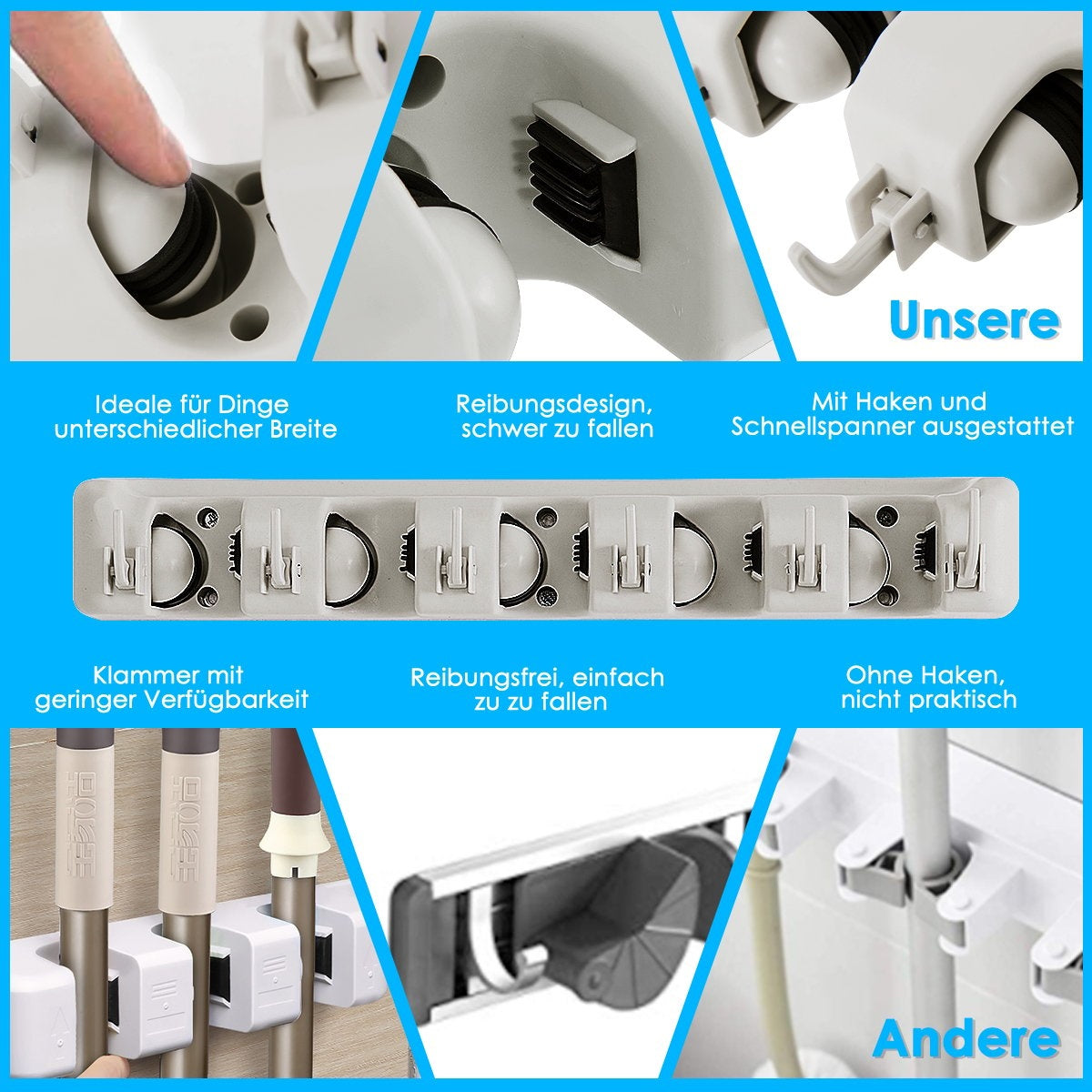 Broom holder with 6 foldable hooks & 5 quick release mop holder, broom holder, device holder