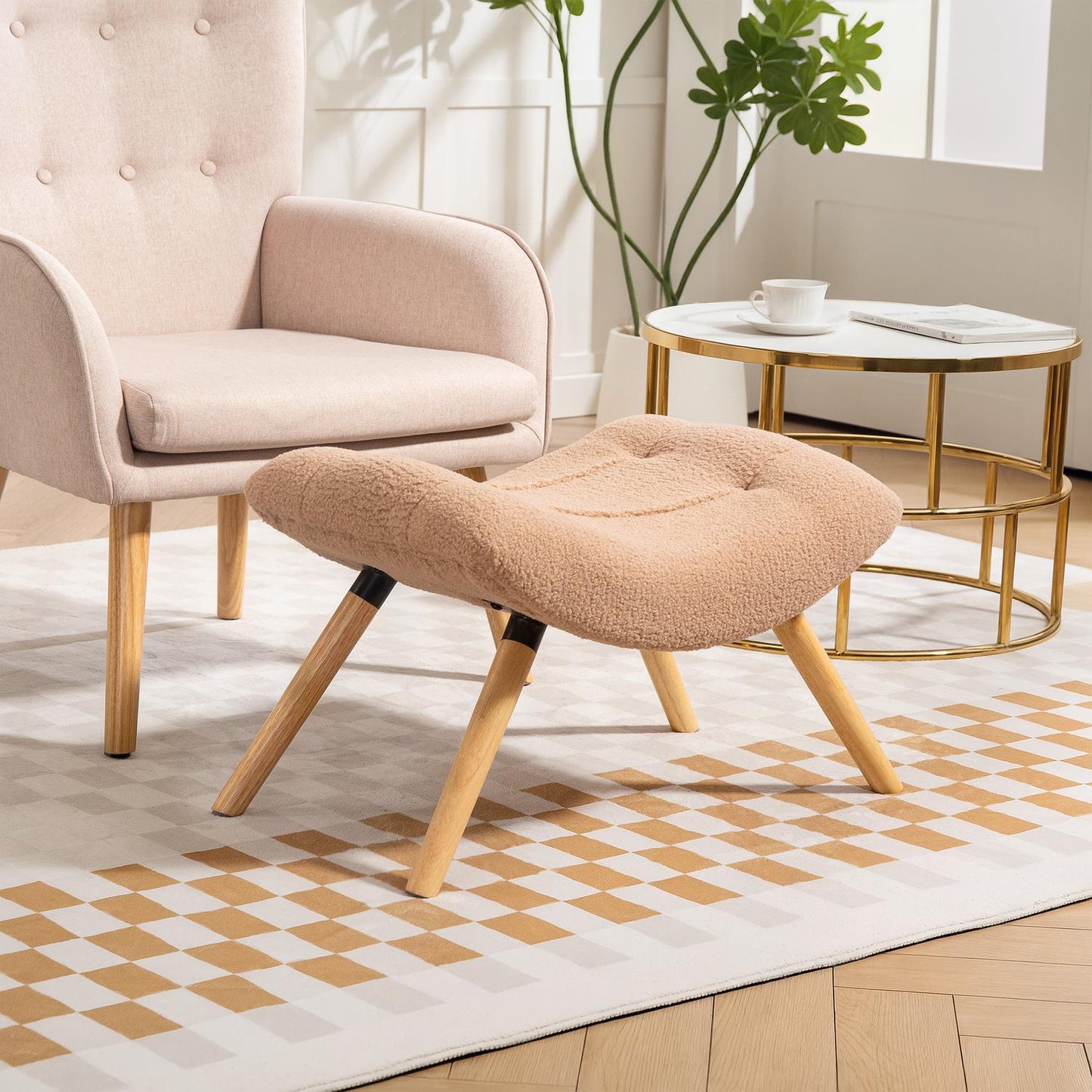 Brown Upholstered Footstool with Fleece Cover & Wood Legs