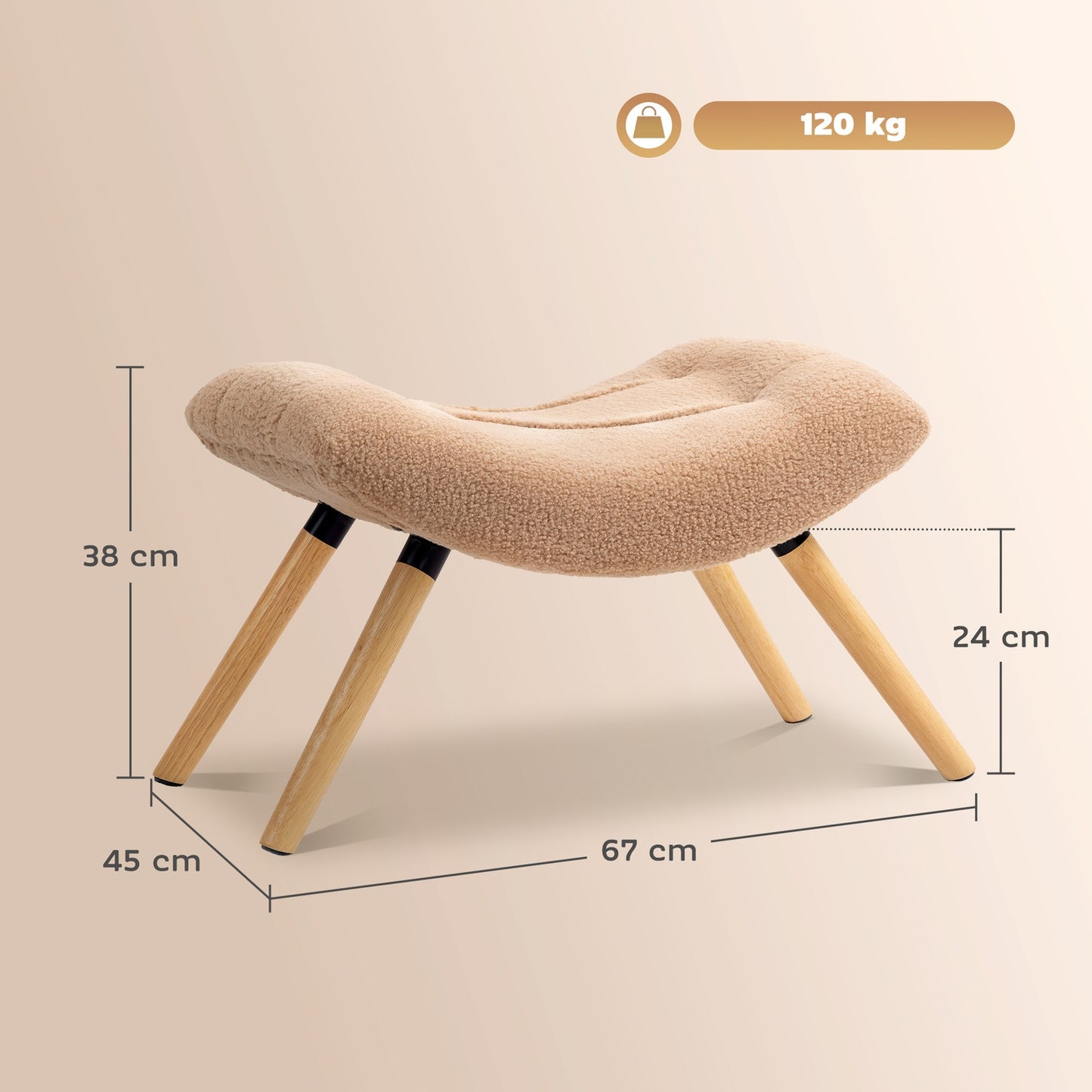 Brown Upholstered Footstool with Fleece Cover & Wood Legs