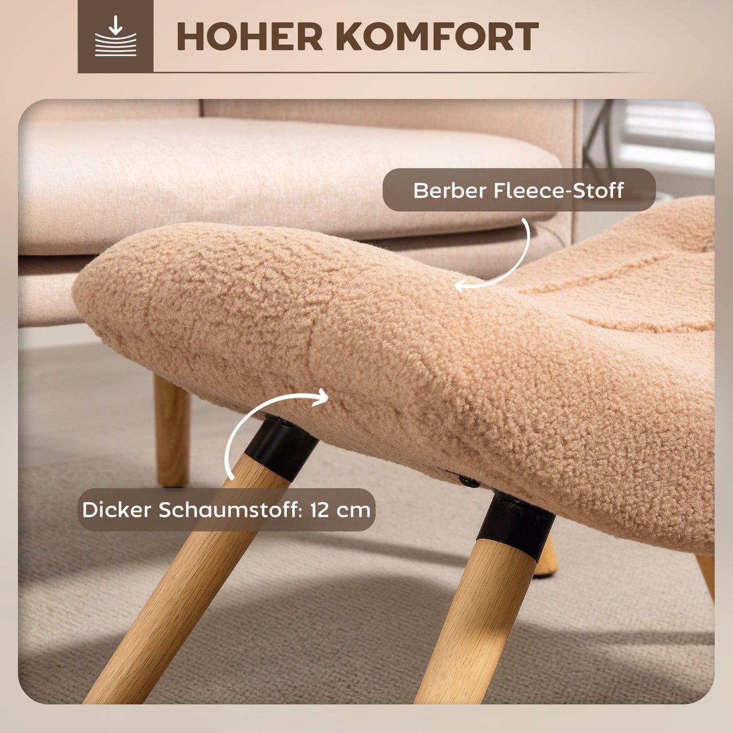 Brown Upholstered Footstool with Fleece Cover & Wood Legs