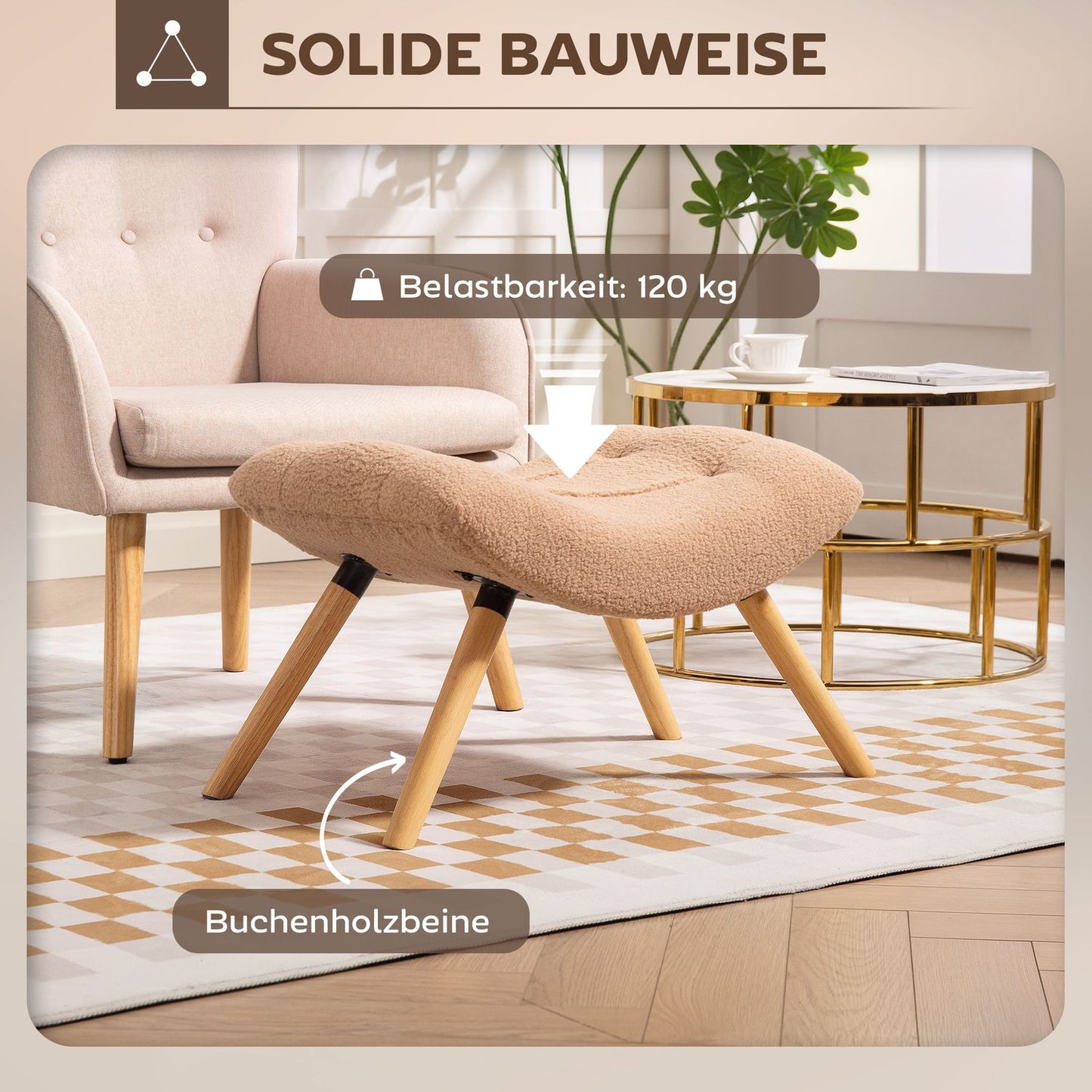 Brown Upholstered Footstool with Fleece Cover & Wood Legs