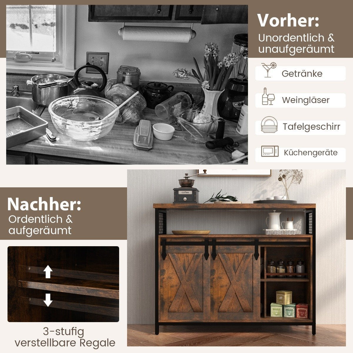 Buffet cabinet with 3-tier adjustable shelves & sliding doors & open compartments in farmhouse style